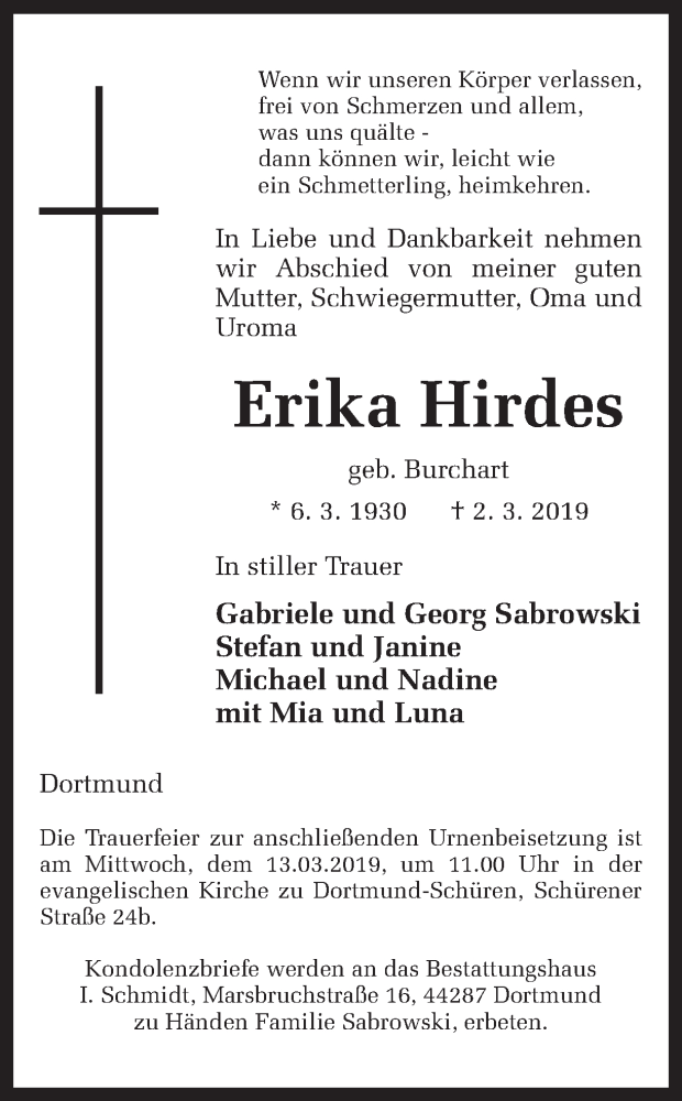  Traueranzeige für Erika Hirdes vom 09.03.2019 aus Ruhr Nachrichten