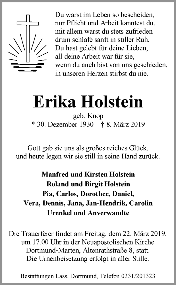  Traueranzeige für Erika Holstein vom 16.03.2019 aus Ruhr Nachrichten