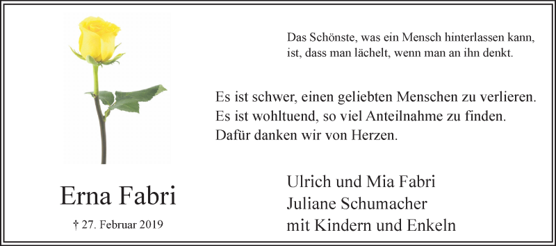  Traueranzeige für Erna Fabri vom 30.03.2019 aus Ruhr Nachrichten