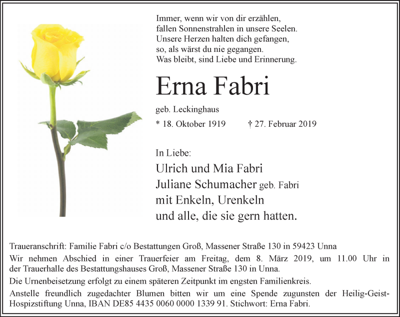  Traueranzeige für Erna Fabri vom 02.03.2019 aus Ruhr Nachrichten