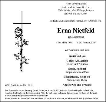 Traueranzeige von Erna Nietfeld von Münstersche Zeitung und Münsterland Zeitung