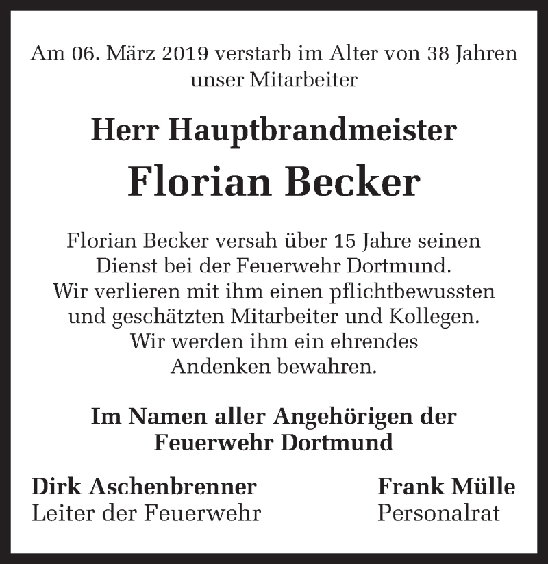  Traueranzeige für Florian Becker vom 09.03.2019 aus Ruhr Nachrichten