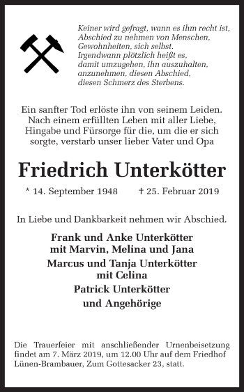 Traueranzeige von Friedrich Unterkötter von Ruhr Nachrichten