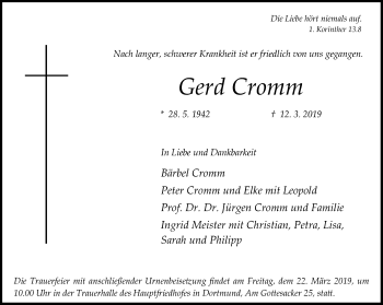 Traueranzeige von Gerd Cromm von Ruhr Nachrichten