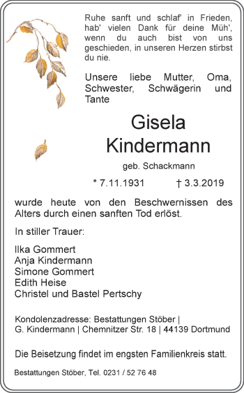 Traueranzeige von Gisela Kindermann von Ruhr Nachrichten