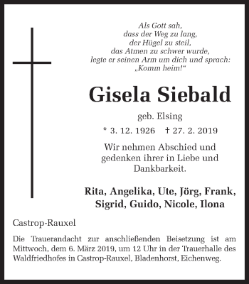 Traueranzeige von Gisela Siebald von Ruhr Nachrichten