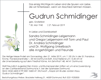 Traueranzeige von Gudrun Schmidinger von Ruhr Nachrichten