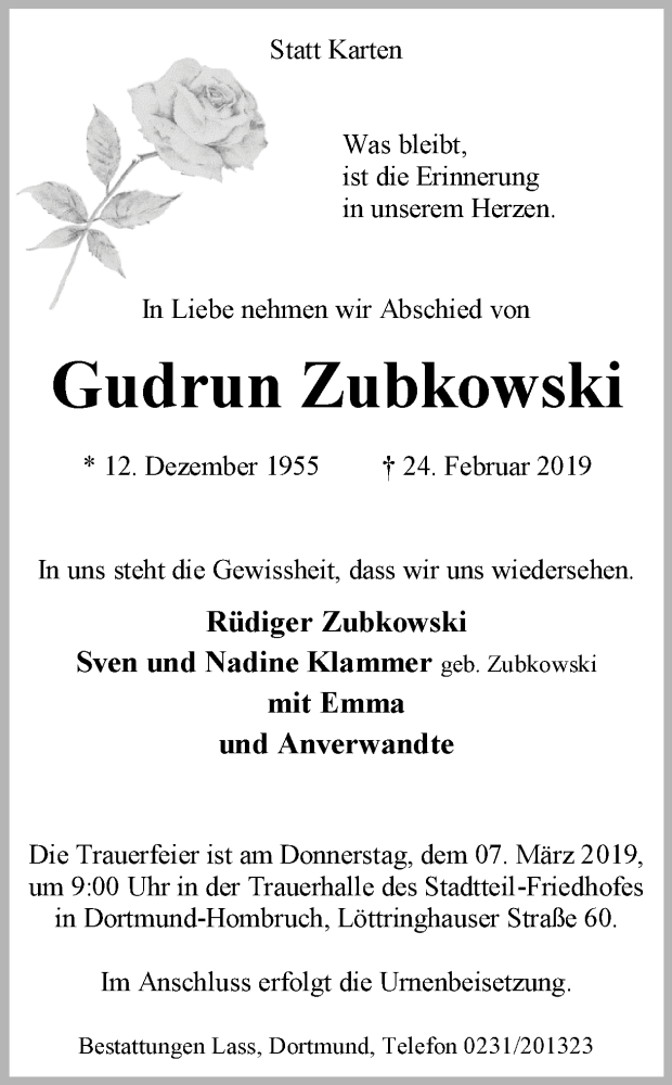  Traueranzeige für Gudrun Zubkowski vom 01.03.2019 aus Ruhr Nachrichten