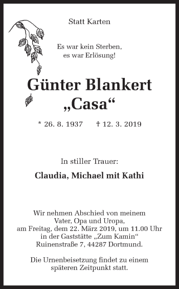 Traueranzeige von Günter Blankert von Ruhr Nachrichten