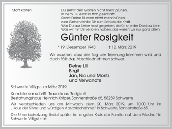 Traueranzeige von Günter Rosigkeit von Ruhr Nachrichten