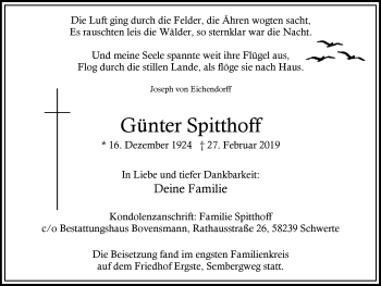 Traueranzeige von Günter Spitthoff von Ruhr Nachrichten