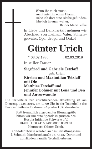 Traueranzeige von Günter Urich von Ruhr Nachrichten