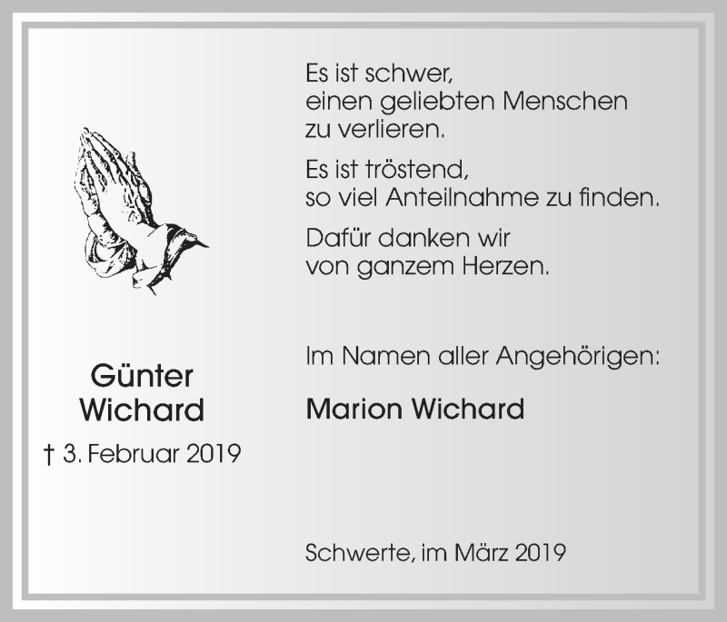 Traueranzeige für Günter Wichard vom 18.03.2019 aus Ruhr Nachrichten