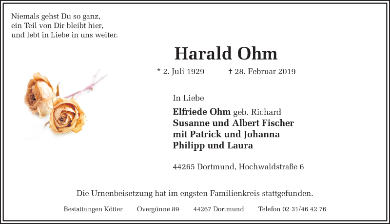  Traueranzeige für Harald Ohm vom 16.03.2019 aus Ruhr Nachrichten