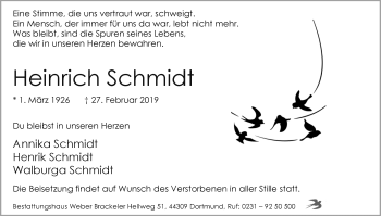 Traueranzeige von Heinrich Schmitt von Ruhr Nachrichten