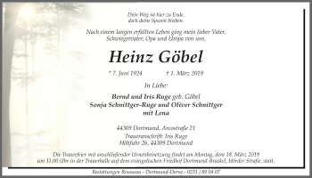 Traueranzeige von Heinz Göbel von Ruhr Nachrichten