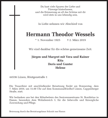 Traueranzeige von Hermann Theodor Wessels von Ruhr Nachrichten