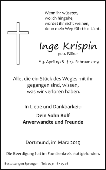 Traueranzeige von Inge Krispin von Ruhr Nachrichten