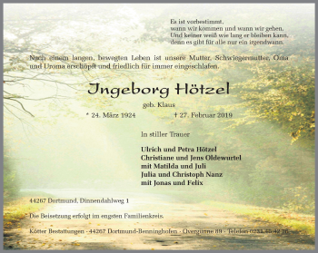 Traueranzeige von Ingeborg Hötzel von Ruhr Nachrichten