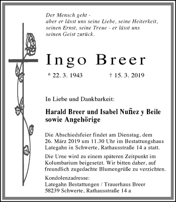 Traueranzeige von Ingo Breer von Ruhr Nachrichten
