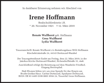 Traueranzeige von Irene Hoffmann von Ruhr Nachrichten