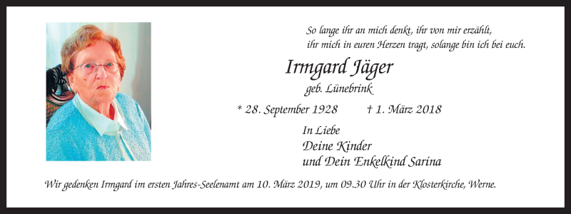  Traueranzeige für Irmgard Jäger vom 08.03.2019 aus Ruhr Nachrichten