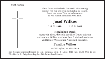 Traueranzeige von Josef Wilkes von Münstersche Zeitung und Münsterland Zeitung