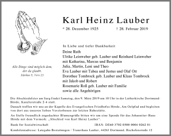 Traueranzeige von Karl Heinz Lauber von Ruhr Nachrichten