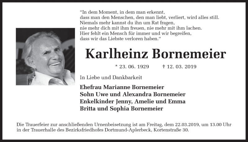  Traueranzeige für Karlheinz Bornemeier vom 16.03.2019 aus Ruhr Nachrichten