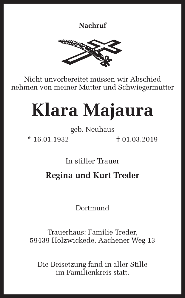  Traueranzeige für Klara Majaura vom 13.03.2019 aus Ruhr Nachrichten