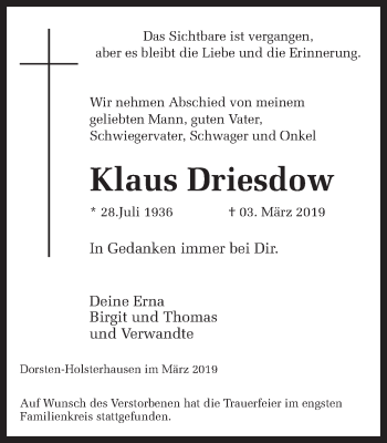 Traueranzeige von Klaus Driesdow von Ruhr Nachrichten und Dorstener Zeitung