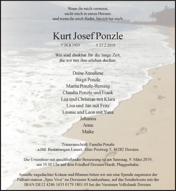 Traueranzeige von Kurt Josef Ponzle von Ruhr Nachrichten und Dorstener Zeitung