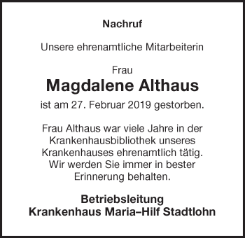 Traueranzeige von Magdalene Althaus von Münstersche Zeitung und Münsterland Zeitung