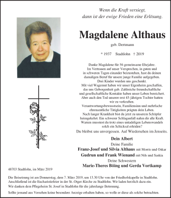 Traueranzeige von Magdalene Althaus von Münstersche Zeitung und Münsterland Zeitung