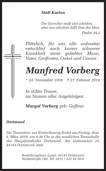 Traueranzeige von Manfred Vorberg von Ruhr Nachrichten
