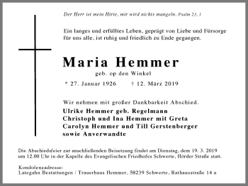 Traueranzeige von Maria Hemmer von Ruhr Nachrichten
