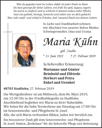 Traueranzeige von Maria Kühn von Münstersche Zeitung und Münsterland Zeitung
