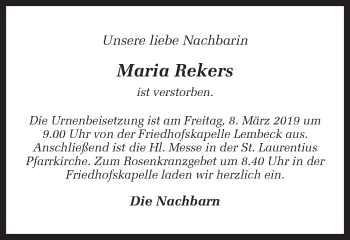Traueranzeige von Maria Rekers von Ruhr Nachrichten und Dorstener Zeitung