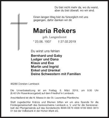 Traueranzeige von Maria Rekers von Ruhr Nachrichten und Dorstener Zeitung