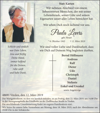 Traueranzeige von Paula Levers von Münstersche Zeitung und Münsterland Zeitung