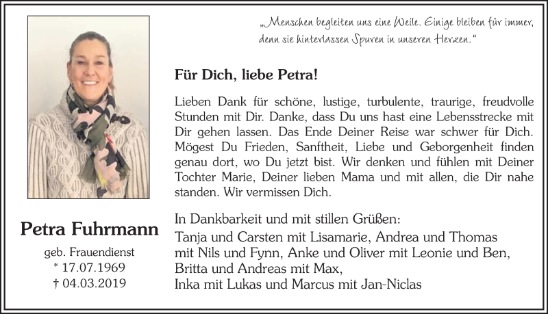  Traueranzeige für Petra Fuhrmann vom 16.03.2019 aus Ruhr Nachrichten
