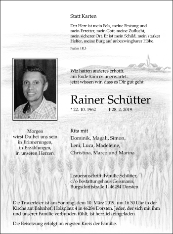 Traueranzeige von Rainer Schütter von Ruhr Nachrichten und Dorstener Zeitung