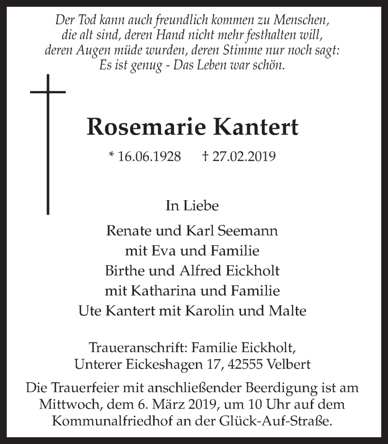  Traueranzeige für Rosemarie Kantert vom 02.03.2019 aus Ruhr Nachrichten und Dorstener Zeitung