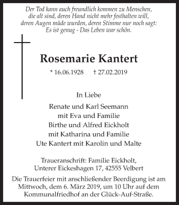 Traueranzeige von Rosemarie Kantert von Ruhr Nachrichten und Dorstener Zeitung