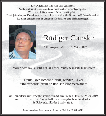 Traueranzeige von Rüdiger Ganske von Ruhr Nachrichten