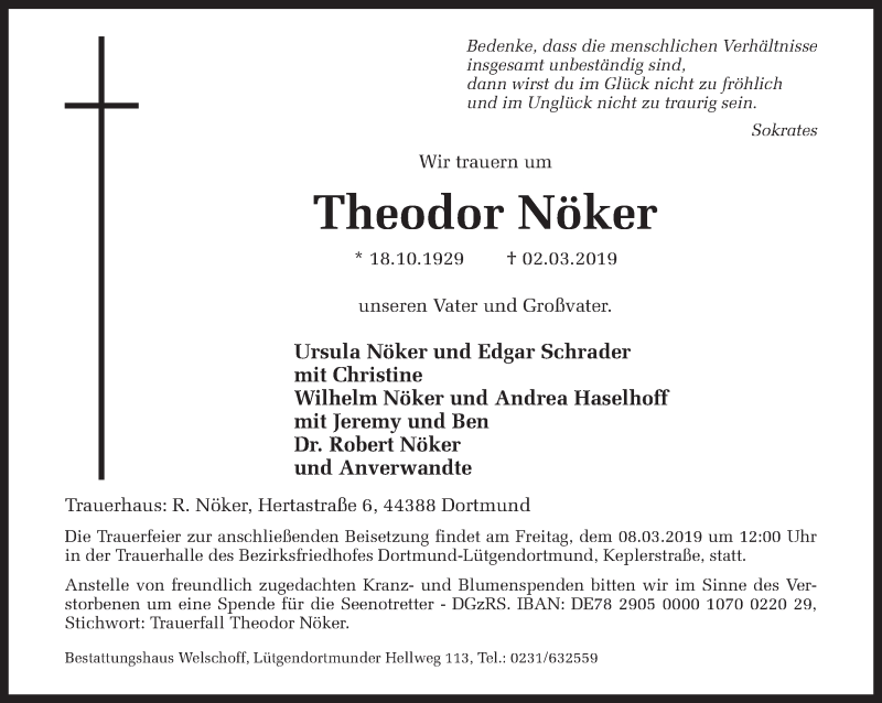  Traueranzeige für Theodor Nöker vom 06.03.2019 aus Ruhr Nachrichten