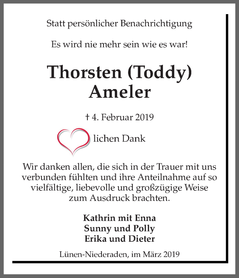  Traueranzeige für Thorsten Ameler vom 23.03.2019 aus Ruhr Nachrichten