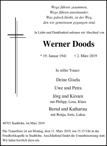 Traueranzeige von Werner Doods von Münstersche Zeitung und Münsterland Zeitung