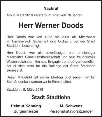 Traueranzeige von Werner Doods von Münstersche Zeitung und Münsterland Zeitung