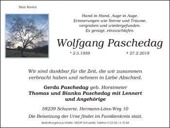 Traueranzeige von Wolfgang Paschedag von Ruhr Nachrichten